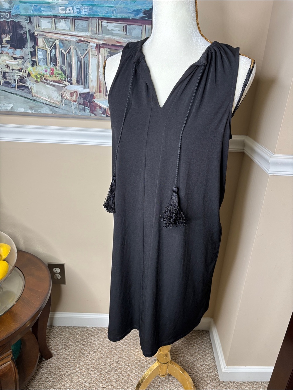 Michael Kors Black Sleeveless Tassel V-Neck Midi Shift Dress